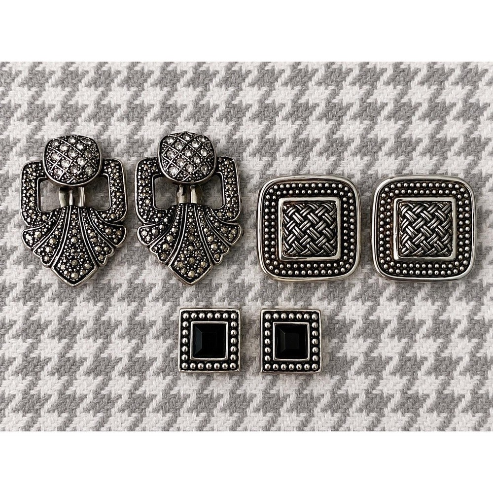 VTG Clip On Earrings Lot 3 Art Deco Silver Tone Black Statement Marcasite Look